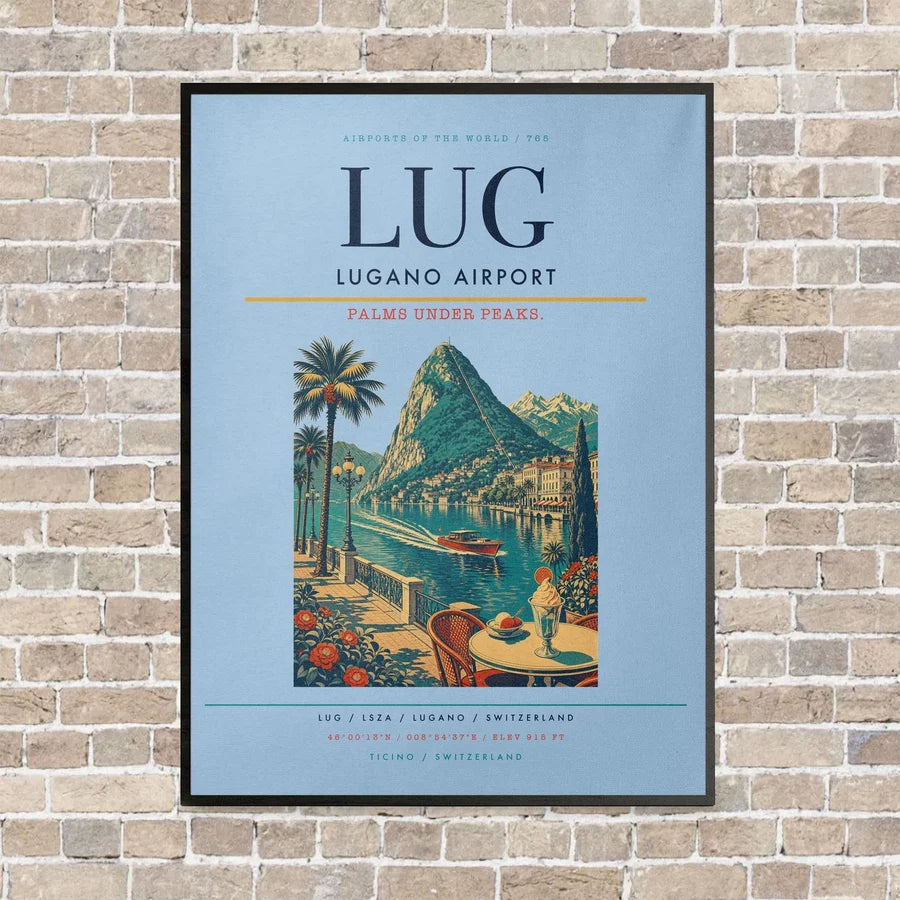Lugano Airport LUG vertical canvas print - framed - light blue background