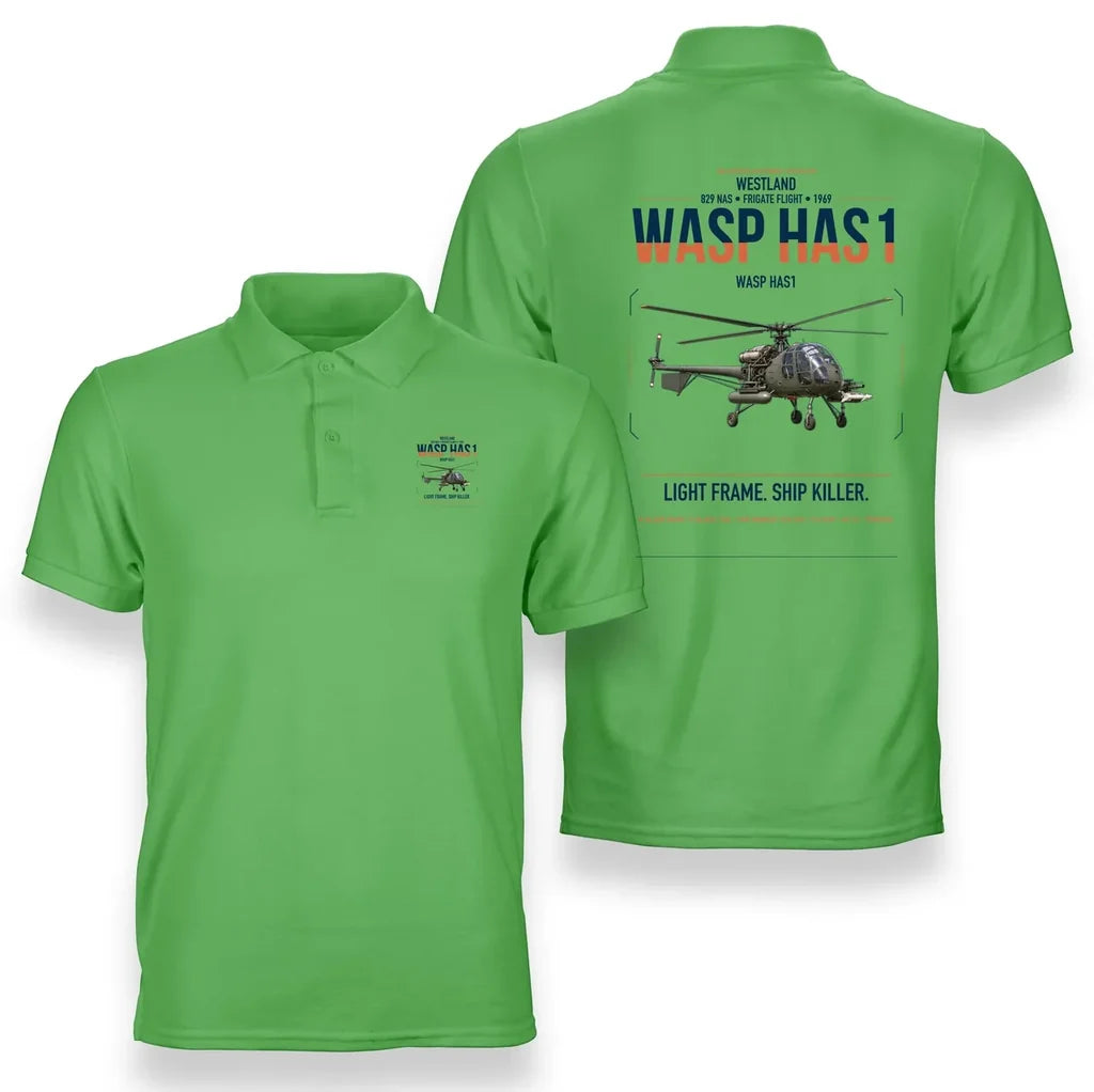Westland Wasp HAS1 design on light green double-side polo t-shirt, double-side print