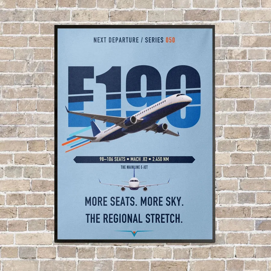 Embraer E190 vertical canvas print - framed - light blue background