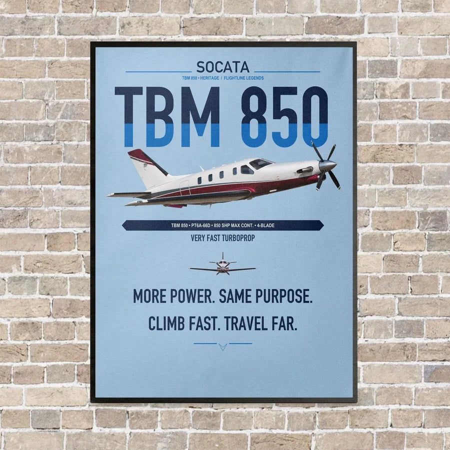 Socata TBM 850 vertical canvas print - framed - light blue background