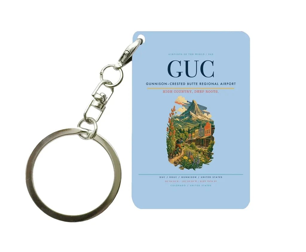 Gunnison–Crested Butte Regional Airport (GUC) design on light blue key chain