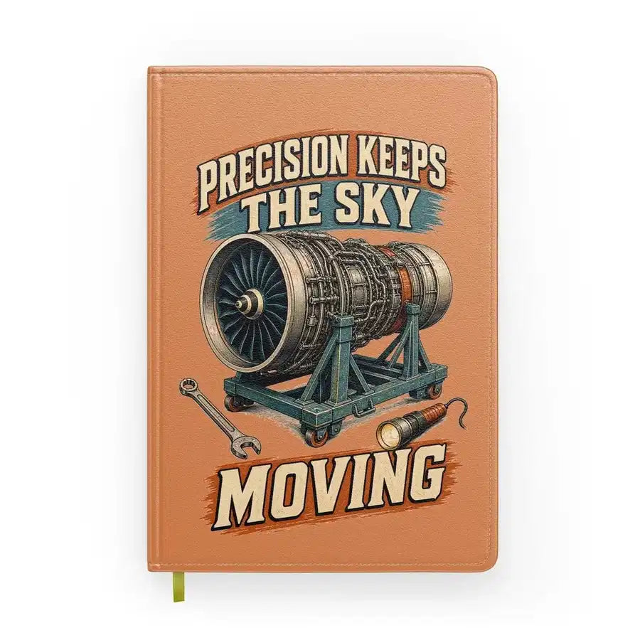 Precision Keeps The Sky Moving design on orange notebook