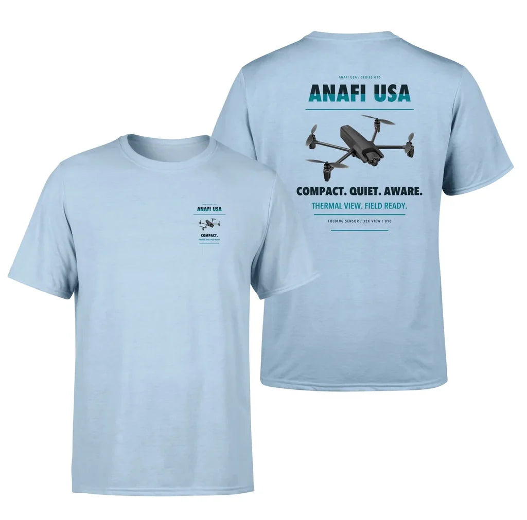 Parrot ANAFI USA design on light blue t shirt