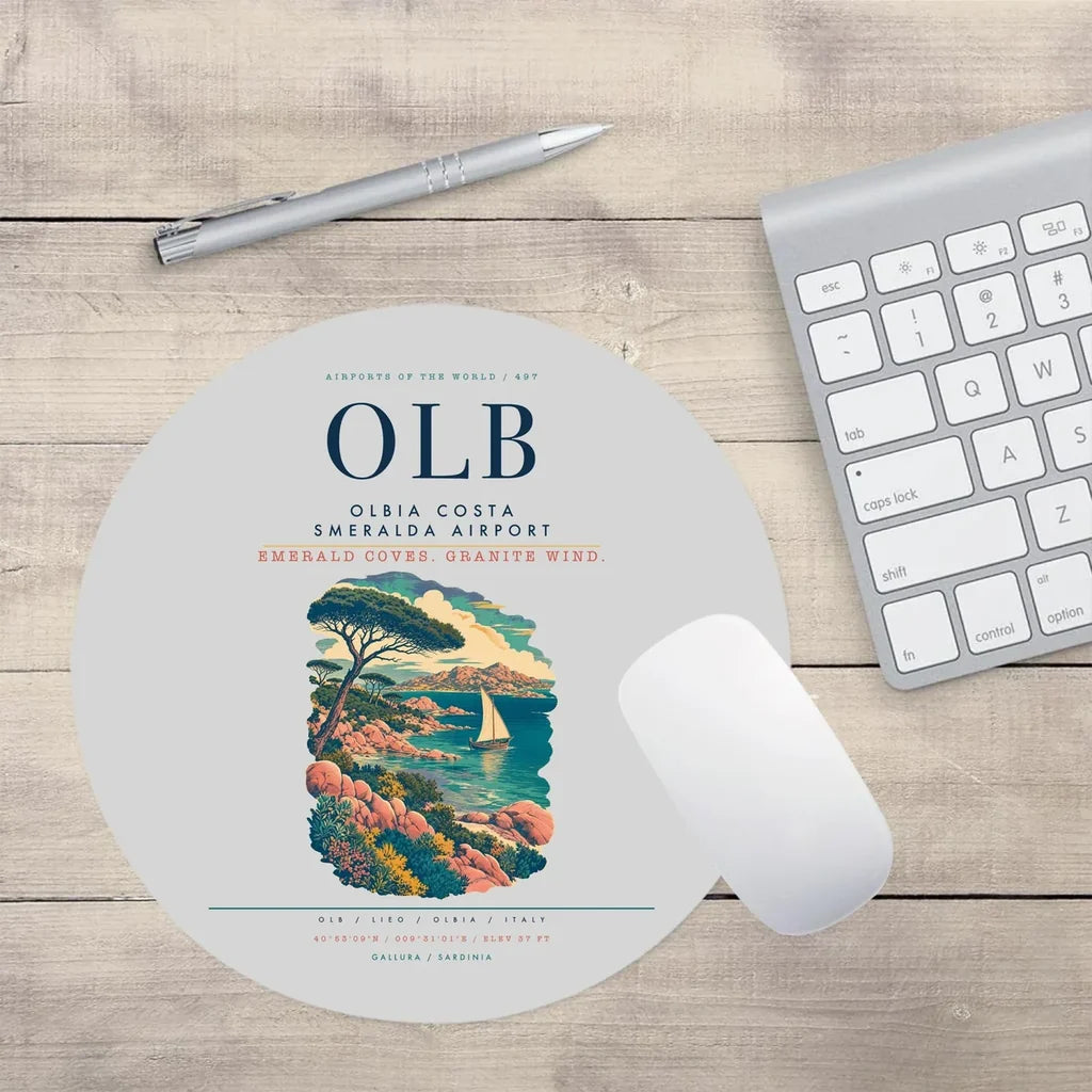 Olbia Costa Smeralda Airport (OLB) design on light gray round mouse pad