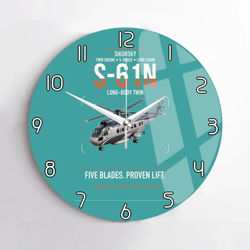 Sikorsky S-61N design on turquoise no frame wall clock