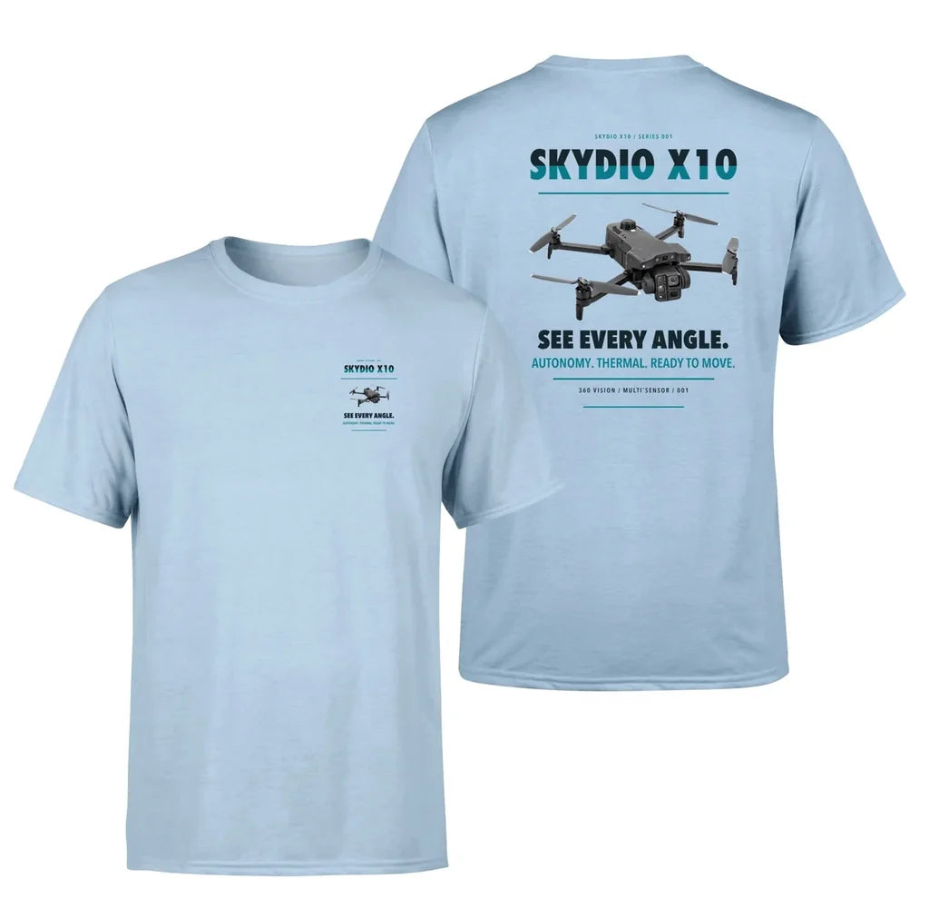 Skydio X10 design on light blue t shirt