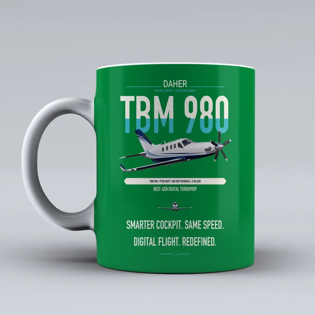 Daher TBM 980 design on green ceramic mug, double-side print