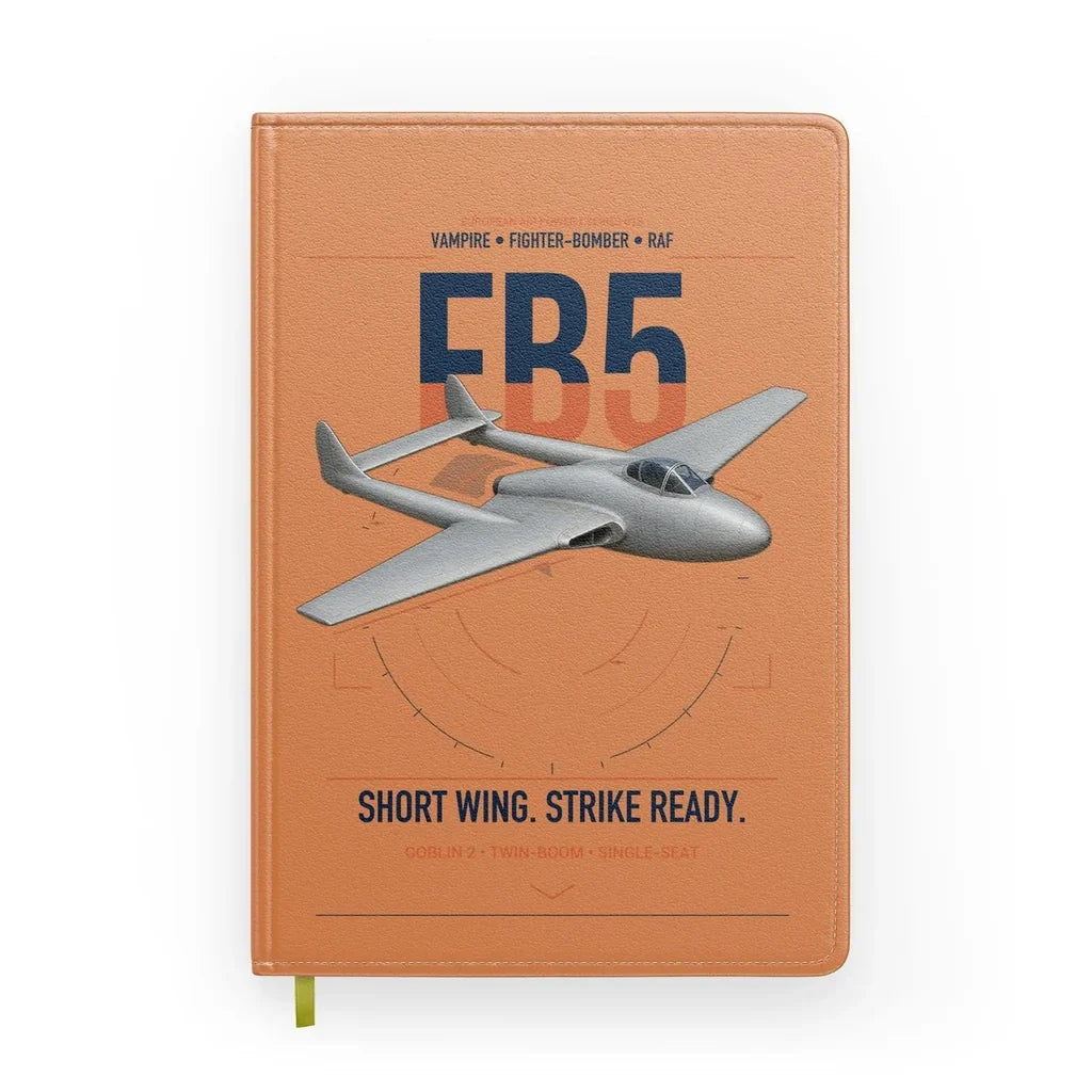 de Havilland Vampire FB5 design on orange notebook