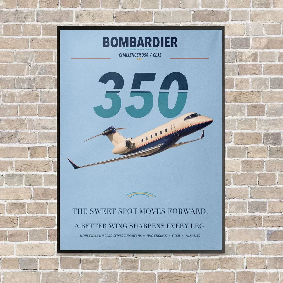 Bombardier Challenger 350 vertical canvas print - framed - light blue background