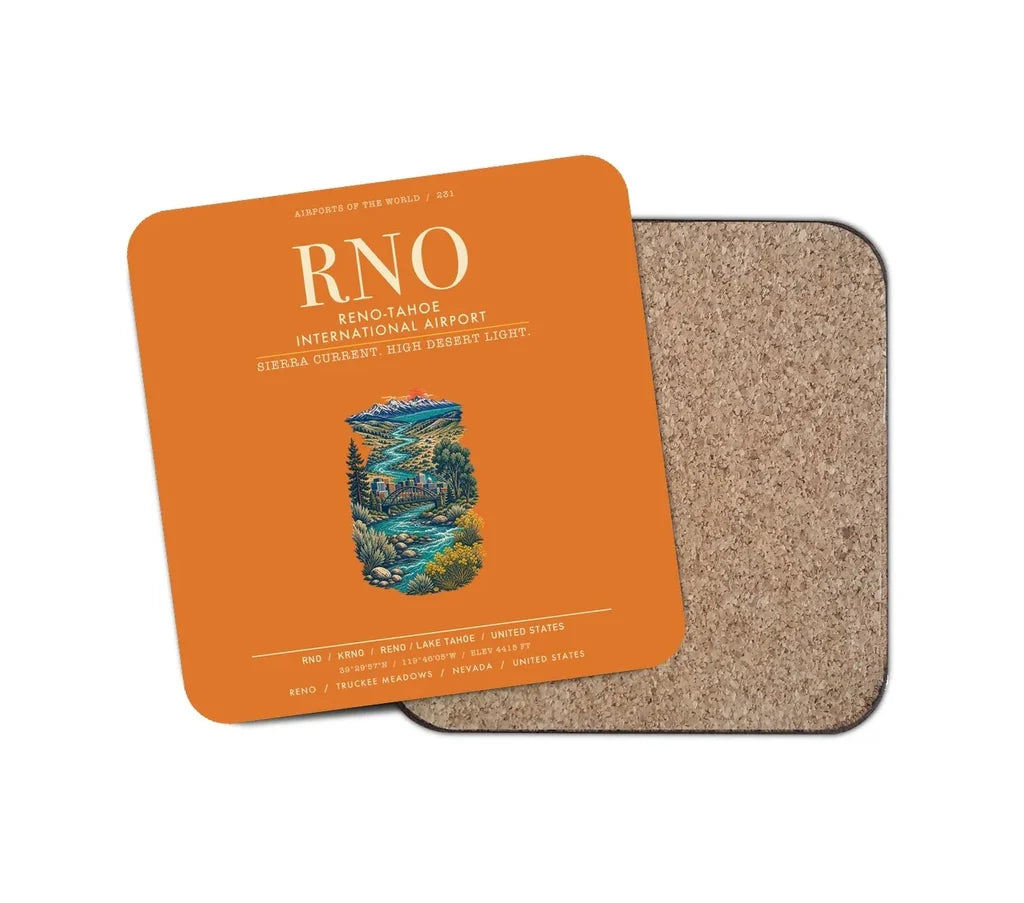 Reno-Tahoe International Airport (RNO) design on orange 1 piece coaster
