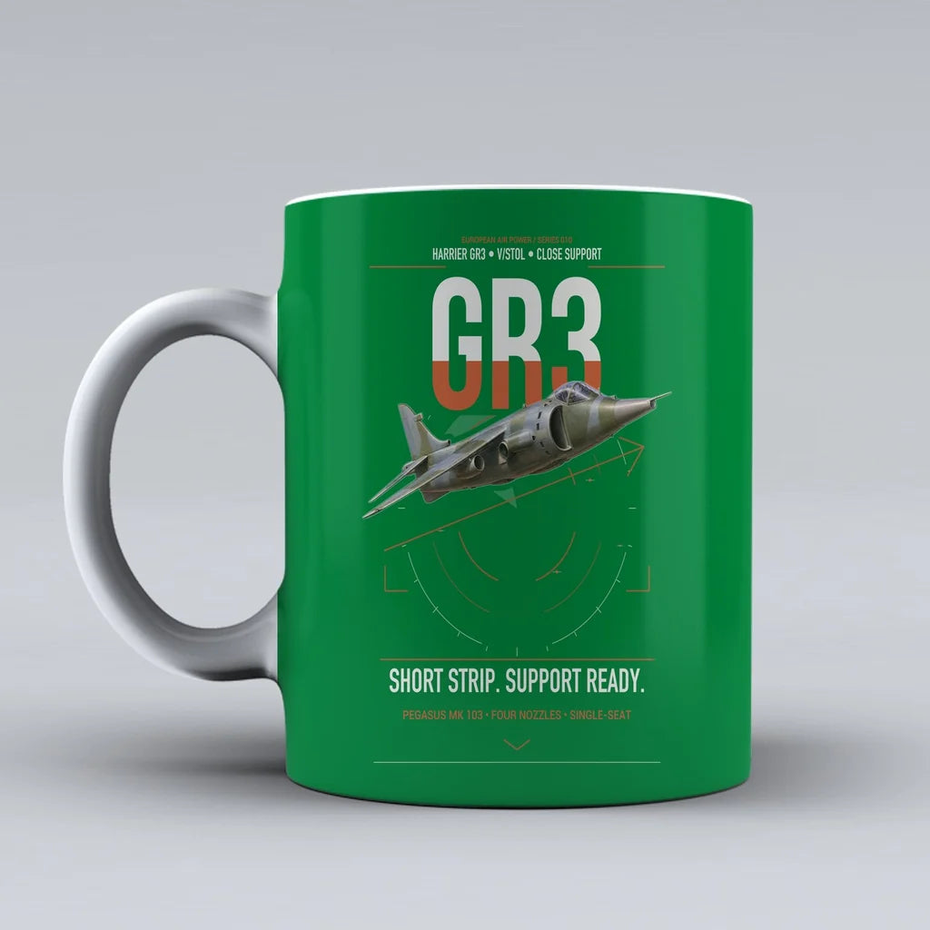 Hawker Siddeley Harrier GR3 design on green ceramic mug, double-side print