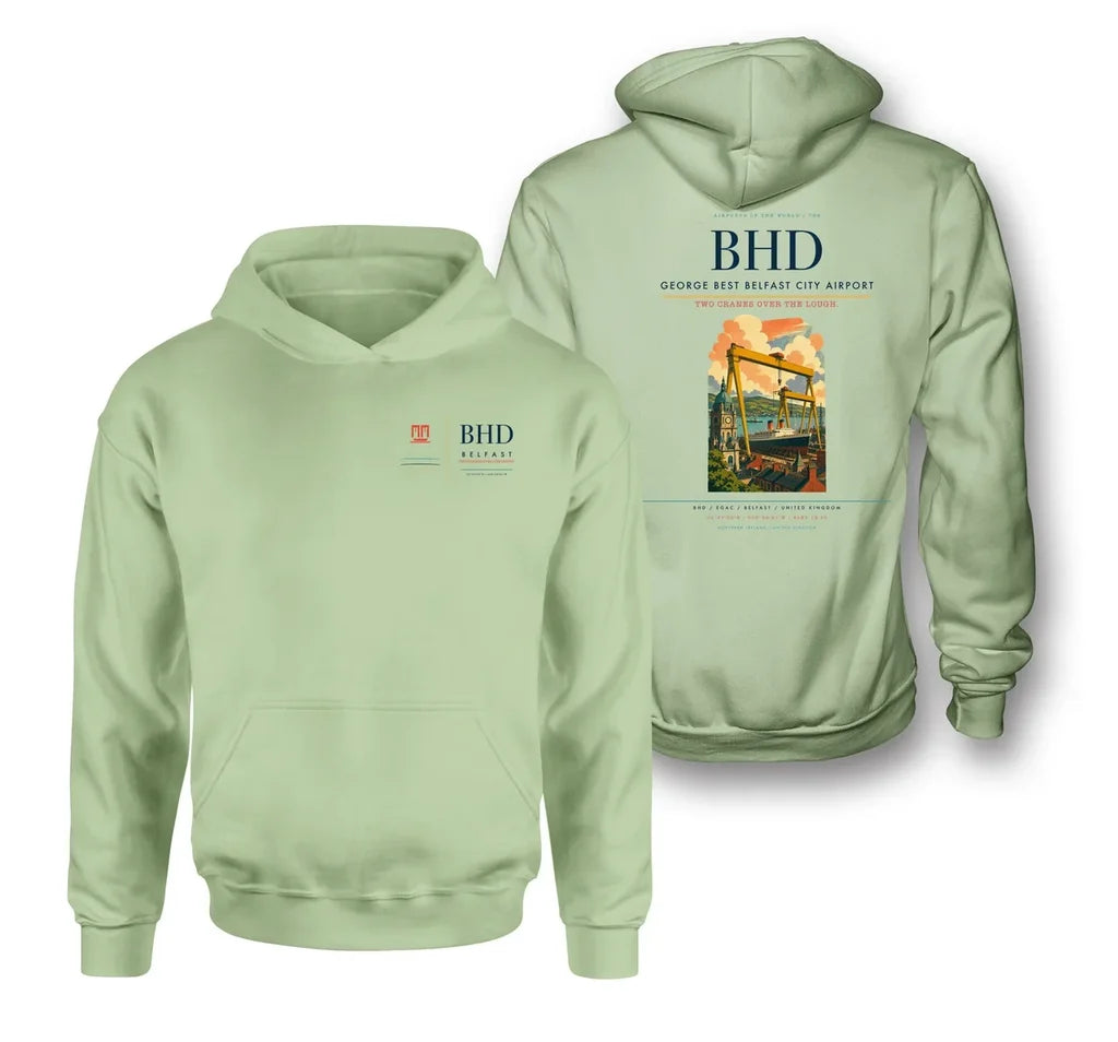 George Best Belfast City Airport (BHD) design on light green double-side hoodie