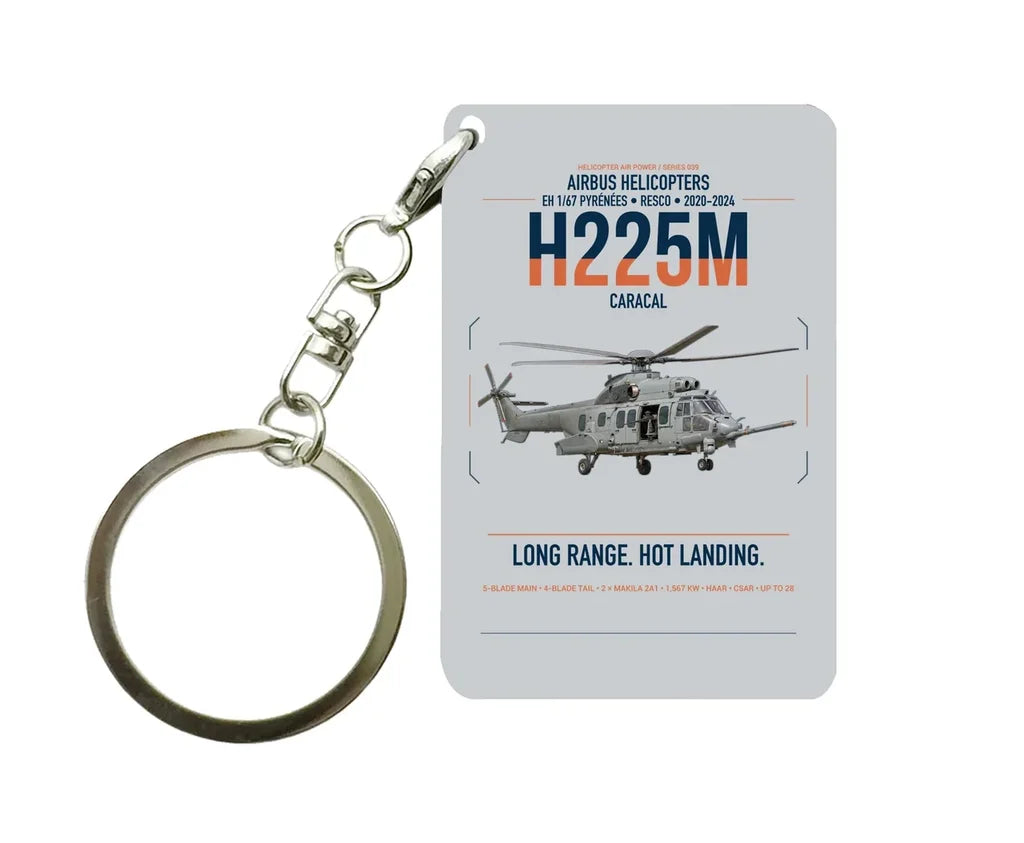 Airbus Helicopters H225M Caracal design on light gray designed key chain, double-side print
