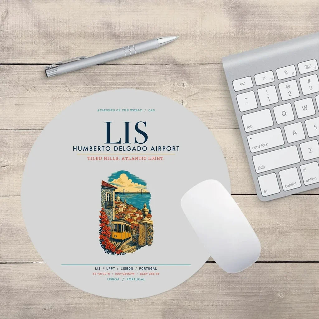 Lisbon Humberto Delgado Airport (LIS) design on light gray round mouse pad
