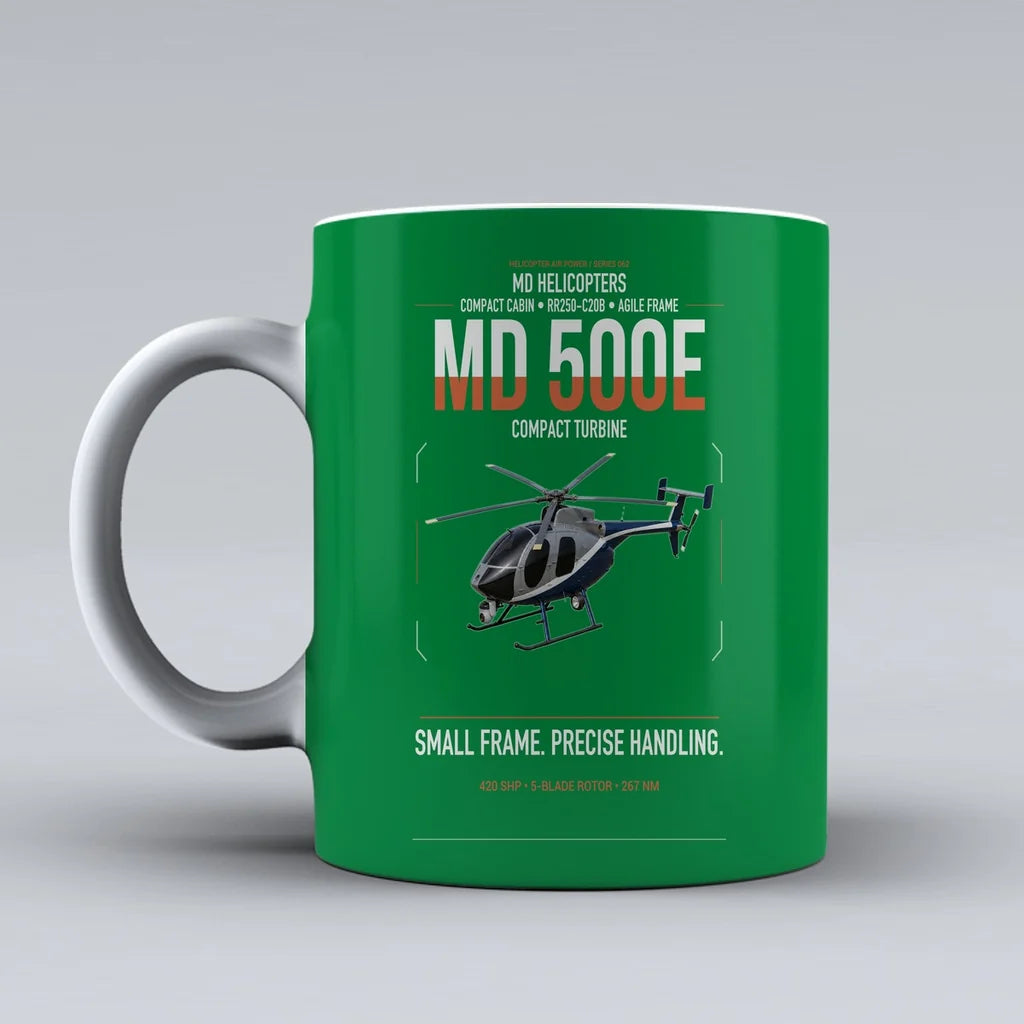 MD Helicopters MD 500E design on green ceramic mug, double-side print