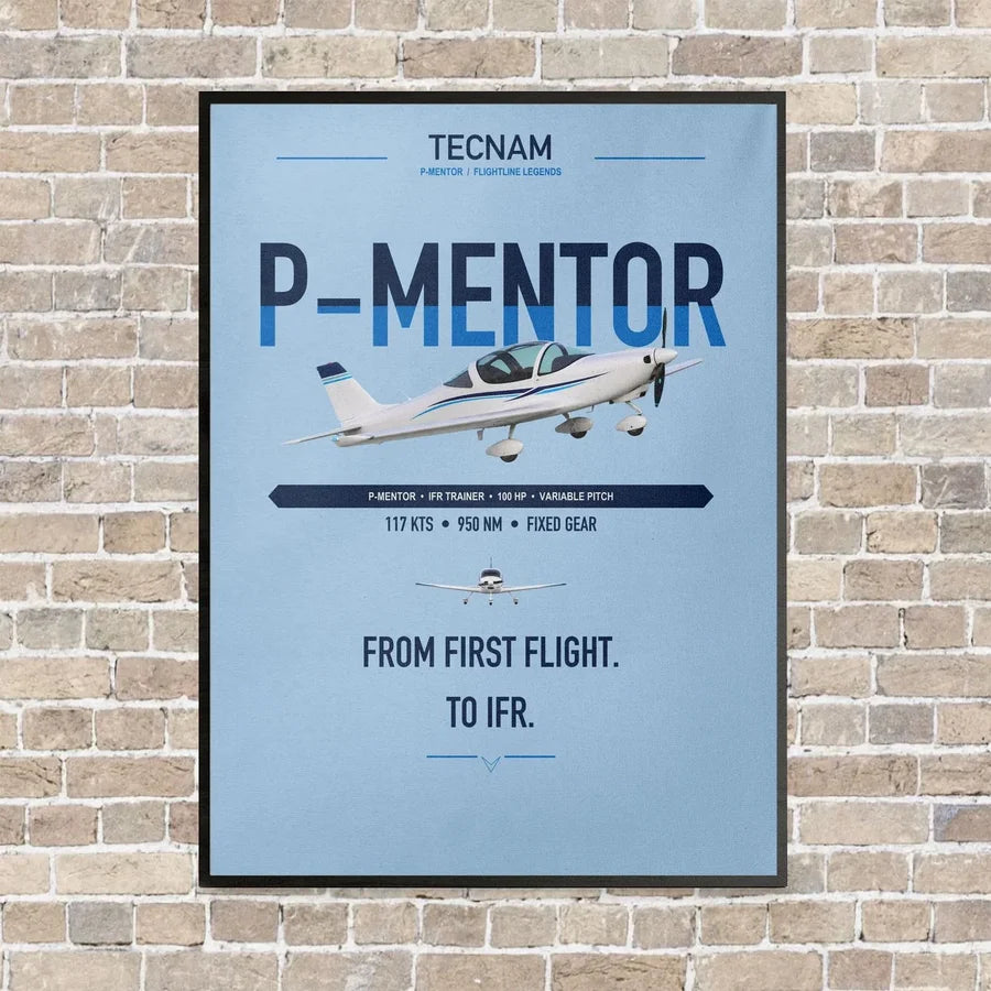Tecnam P-Mentor vertical canvas print - framed - light blue background