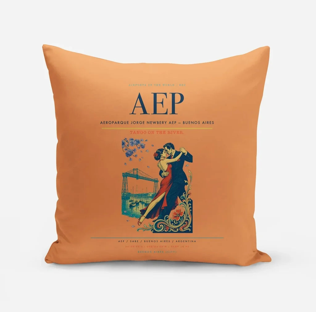 Aeroparque Jorge Newbery (AEP) design on orange pillow