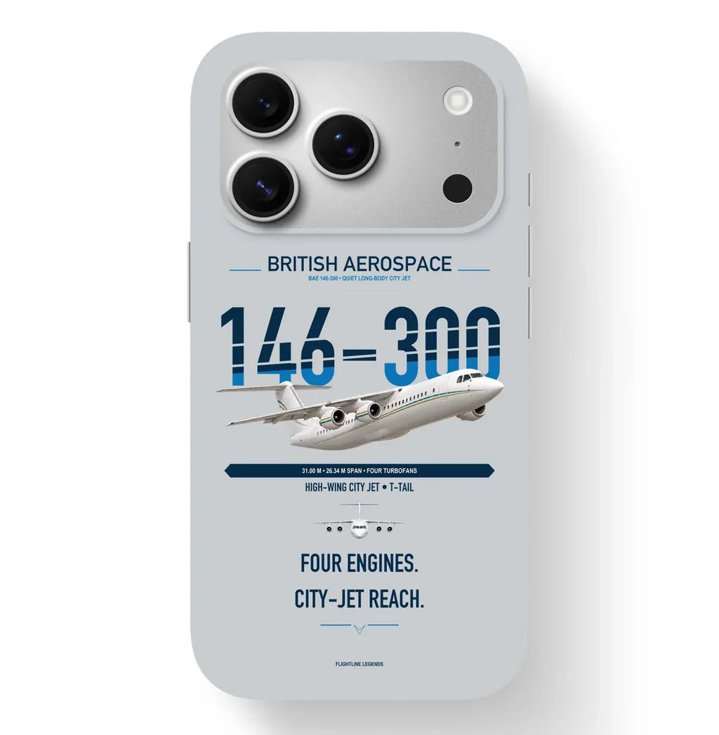 BAe 146-300 design on light gray magsafe iphone case, for iPhone 17 Pro