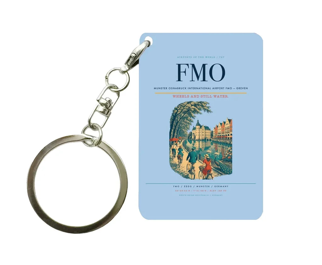 Munster Osnabruck International Airport (FMO) design on light blue key chain