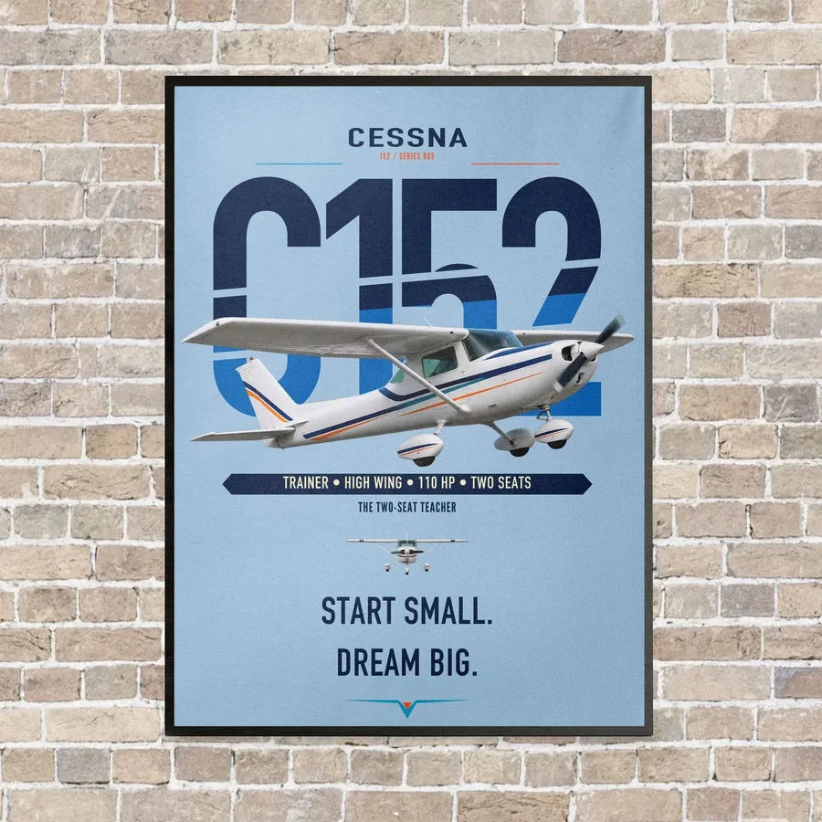 Cessna 152 vertical canvas print - framed - light blue background