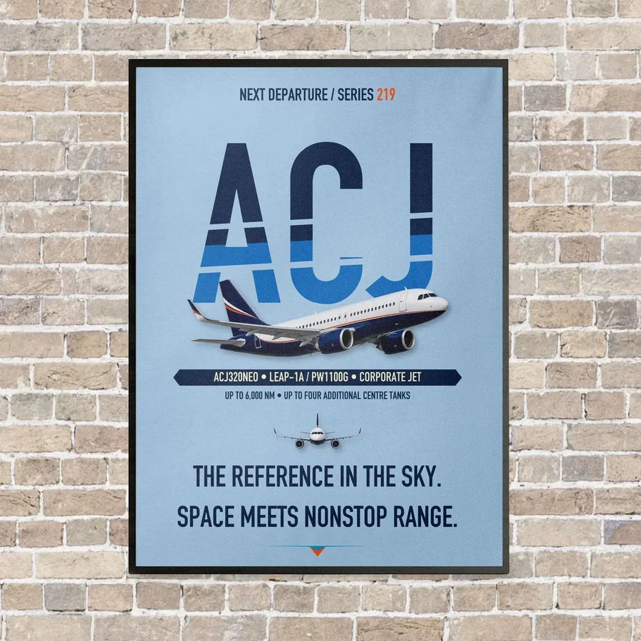 Airbus ACJ320neo vertical canvas print - framed - light blue background