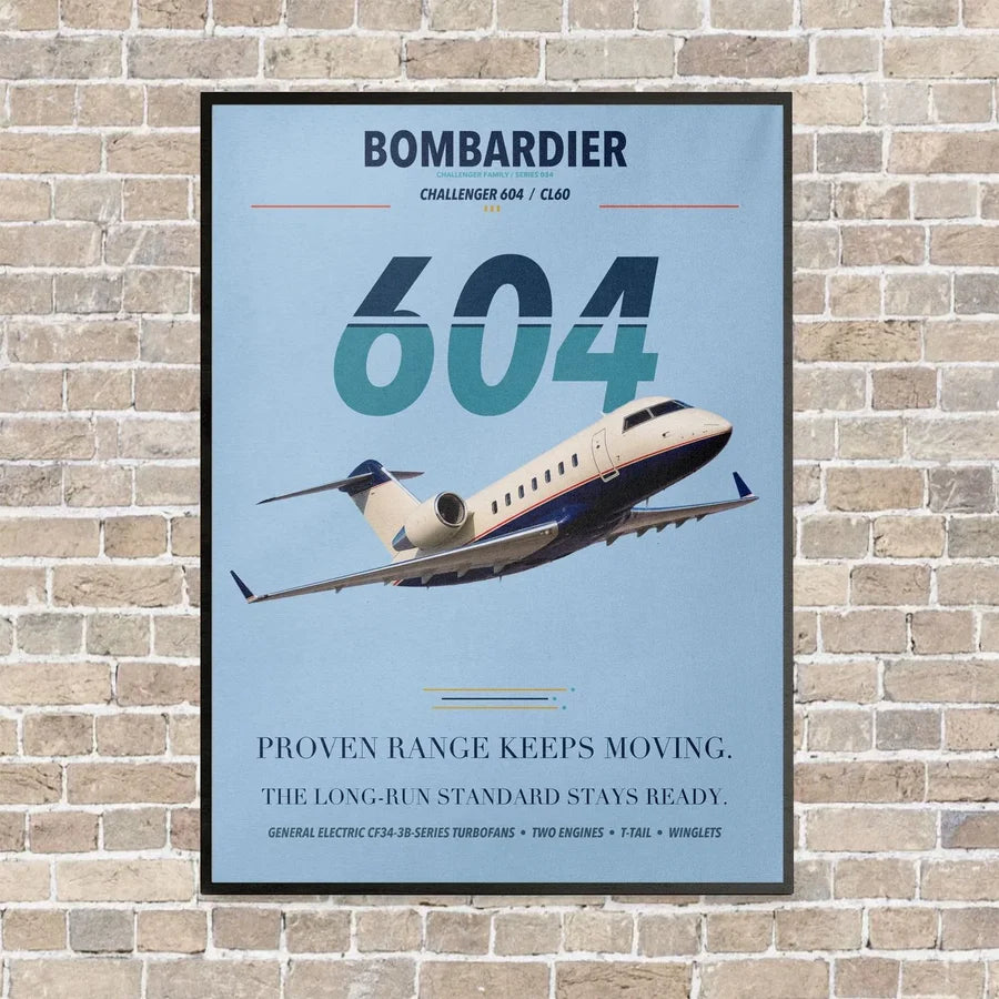Bombardier Challenger 604 vertical canvas print - framed - light blue background