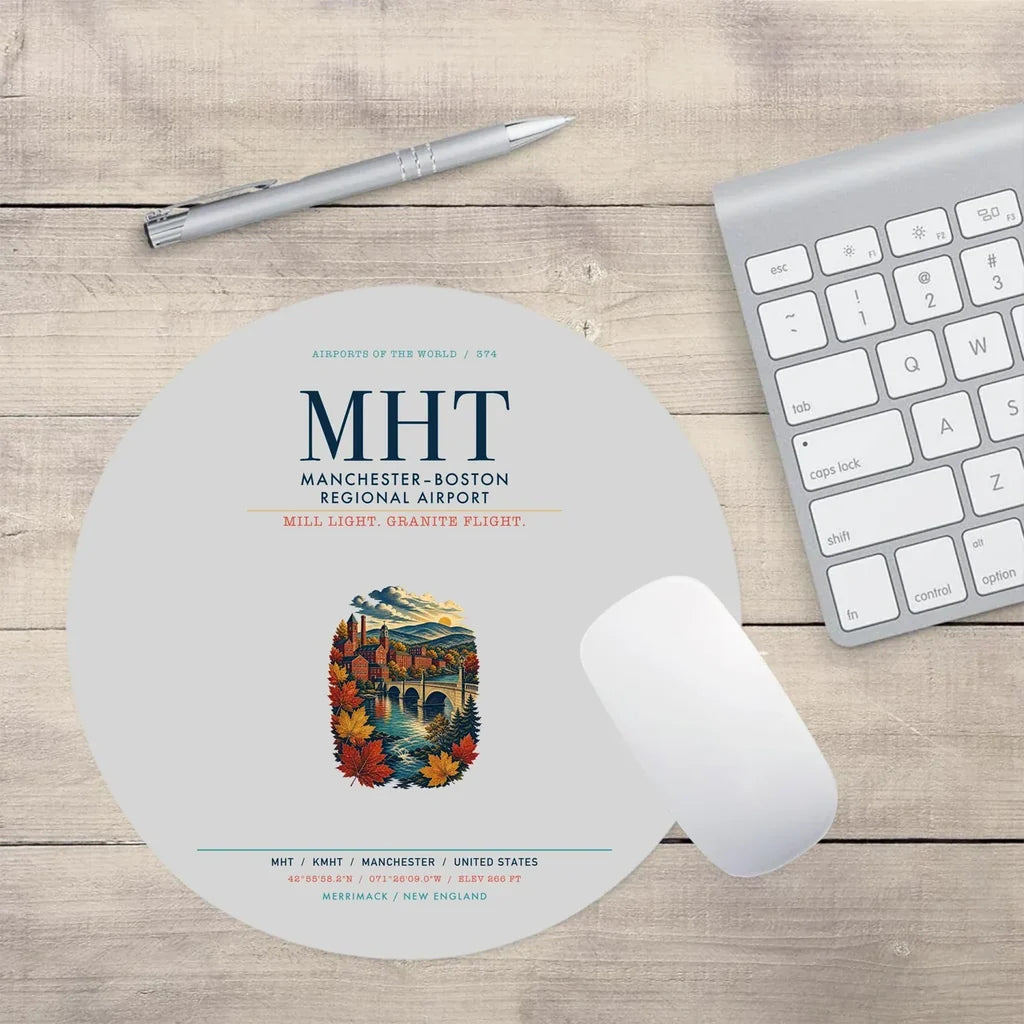 Manchester–Boston Regional Airport (MHT) design on light gray round mouse pad