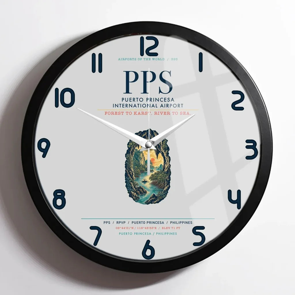 Puerto Princesa International Airport (PPS) design on light gray framed wall clock