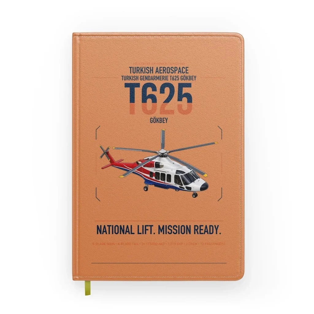 Turkish Aerospace T625 Gökbey design on orange notebook