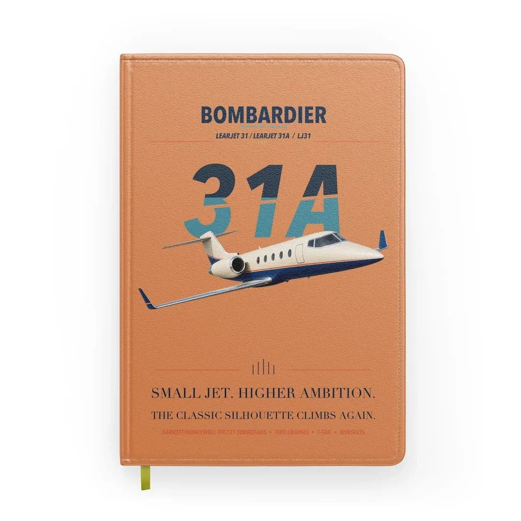 Bombardier Learjet 31A design on orange notebook