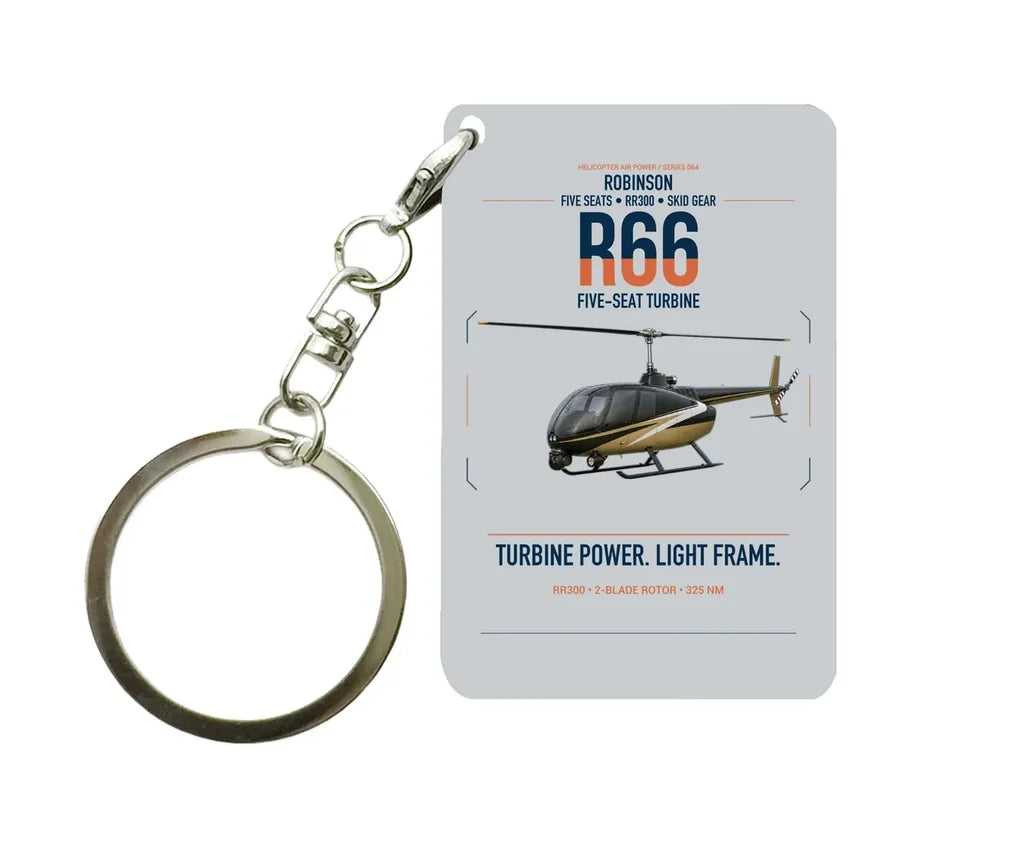 Robinson R66 design on light gray designed key chain, double-side print