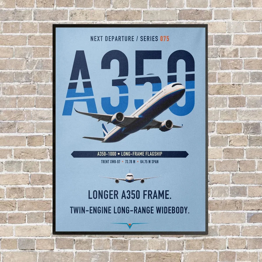 Airbus A350-1000 vertical canvas print - framed - light blue background