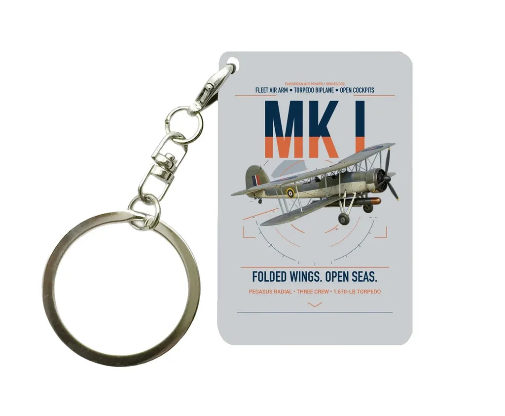 Fairey Swordfish Mk I design on light gray designed key chain, double-side print