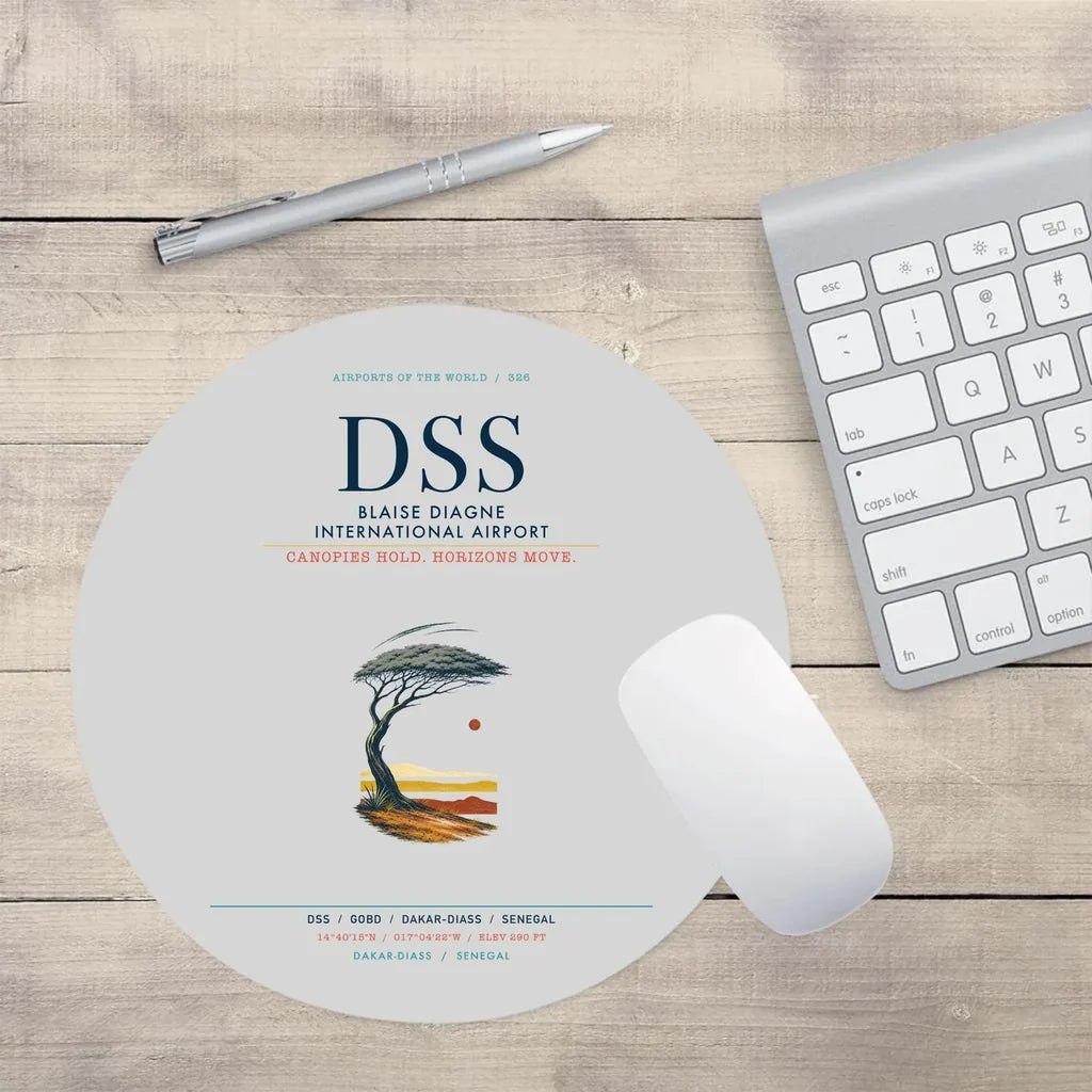 Blaise Diagne International Airport (DSS) design on light gray round mouse pad