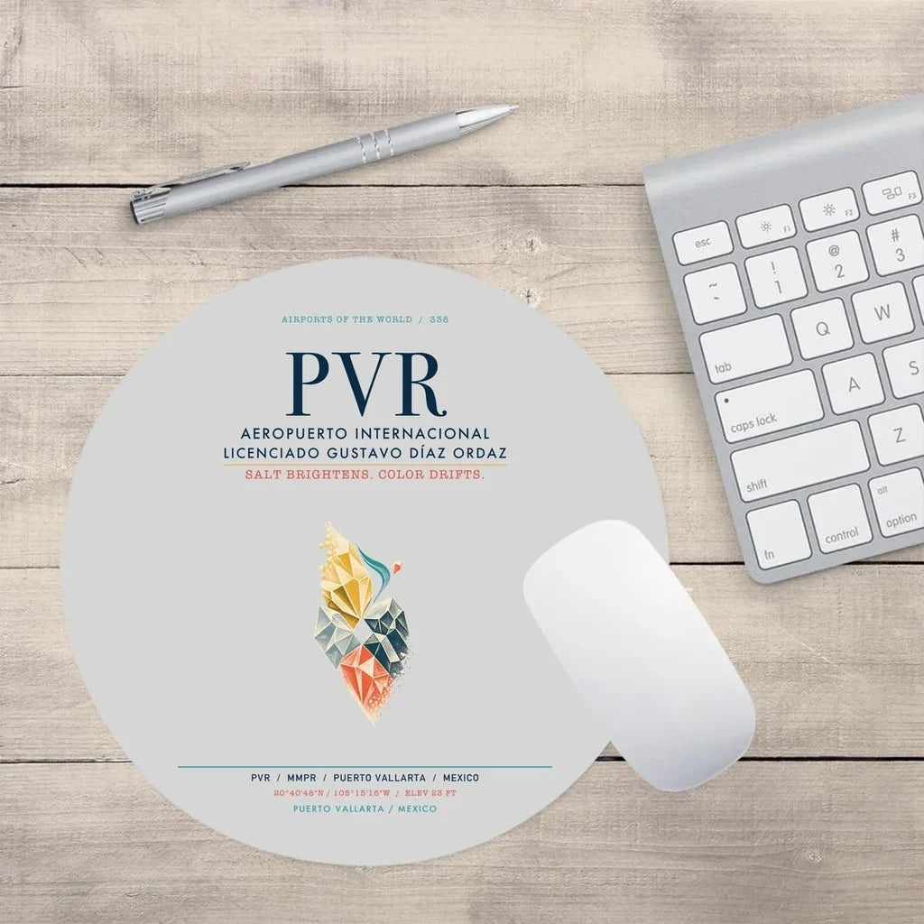 Aeropuerto Internacional Licenciado Gustavo Díaz Ordaz (PVR) design on light gray round mouse pad