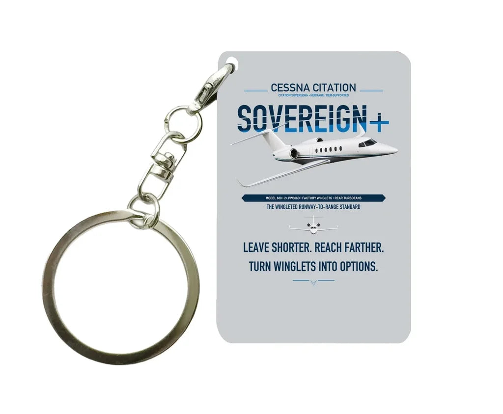 Cessna Citation Sovereign+ design on light gray designed key chain, double-side print