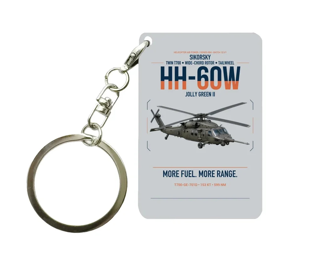 Sikorsky HH-60W Jolly Green II design on light gray designed key chain, double-side print