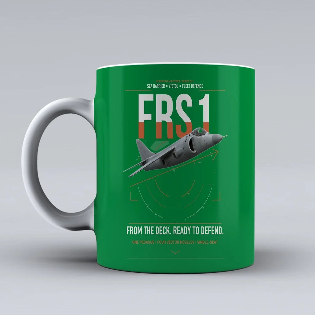 British Aerospace Sea Harrier FRS.1 design on green ceramic mug, double-side print