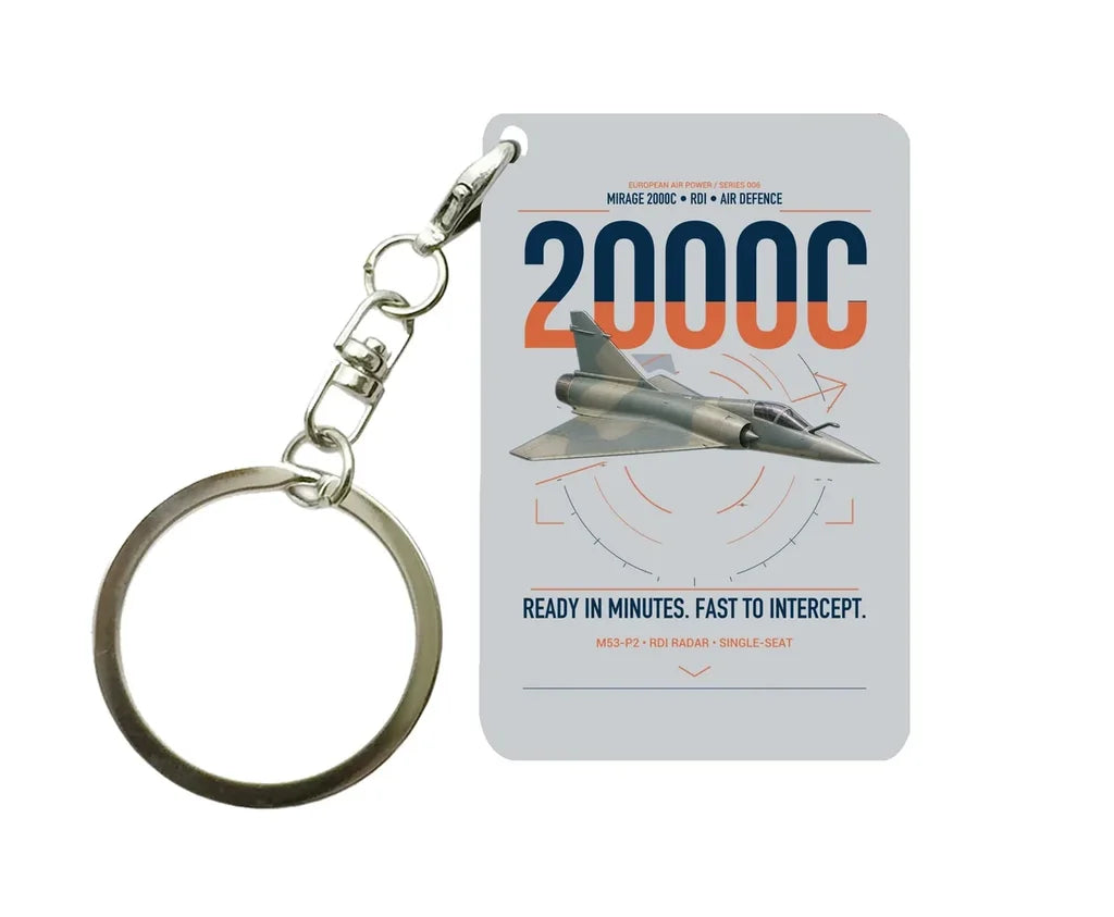 Dassault Mirage 2000C RDI design on light gray designed key chain, double-side print