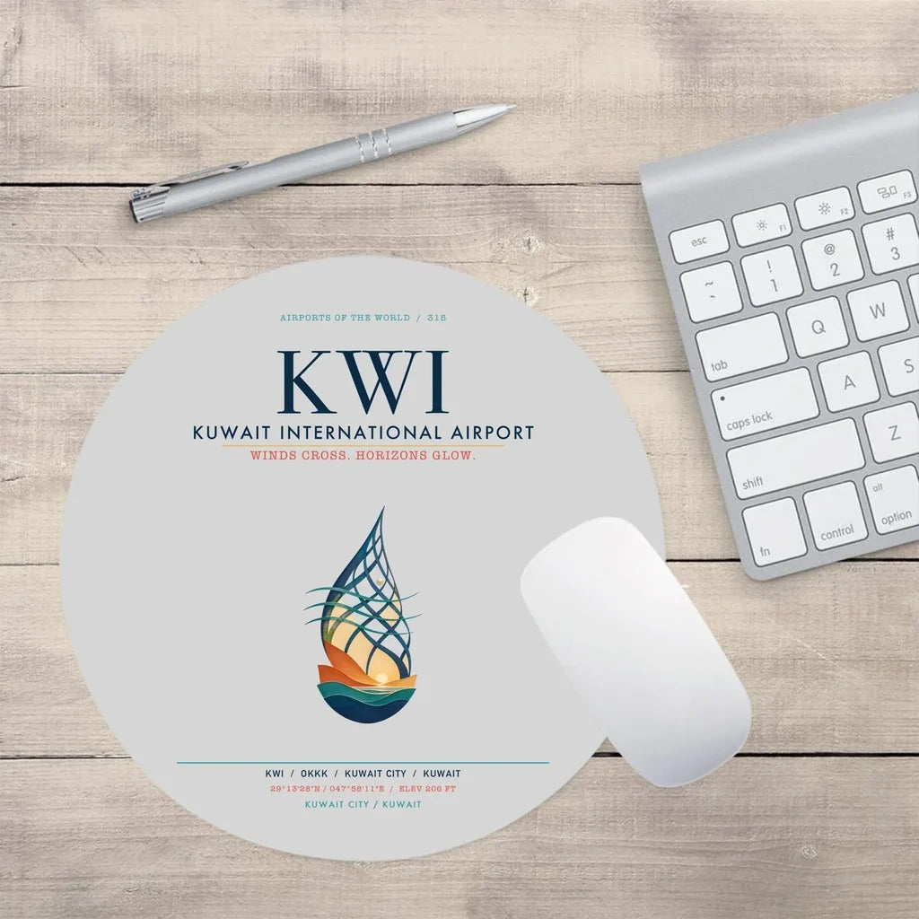 Kuwait International Airport (KWI) design on light gray round mouse pad