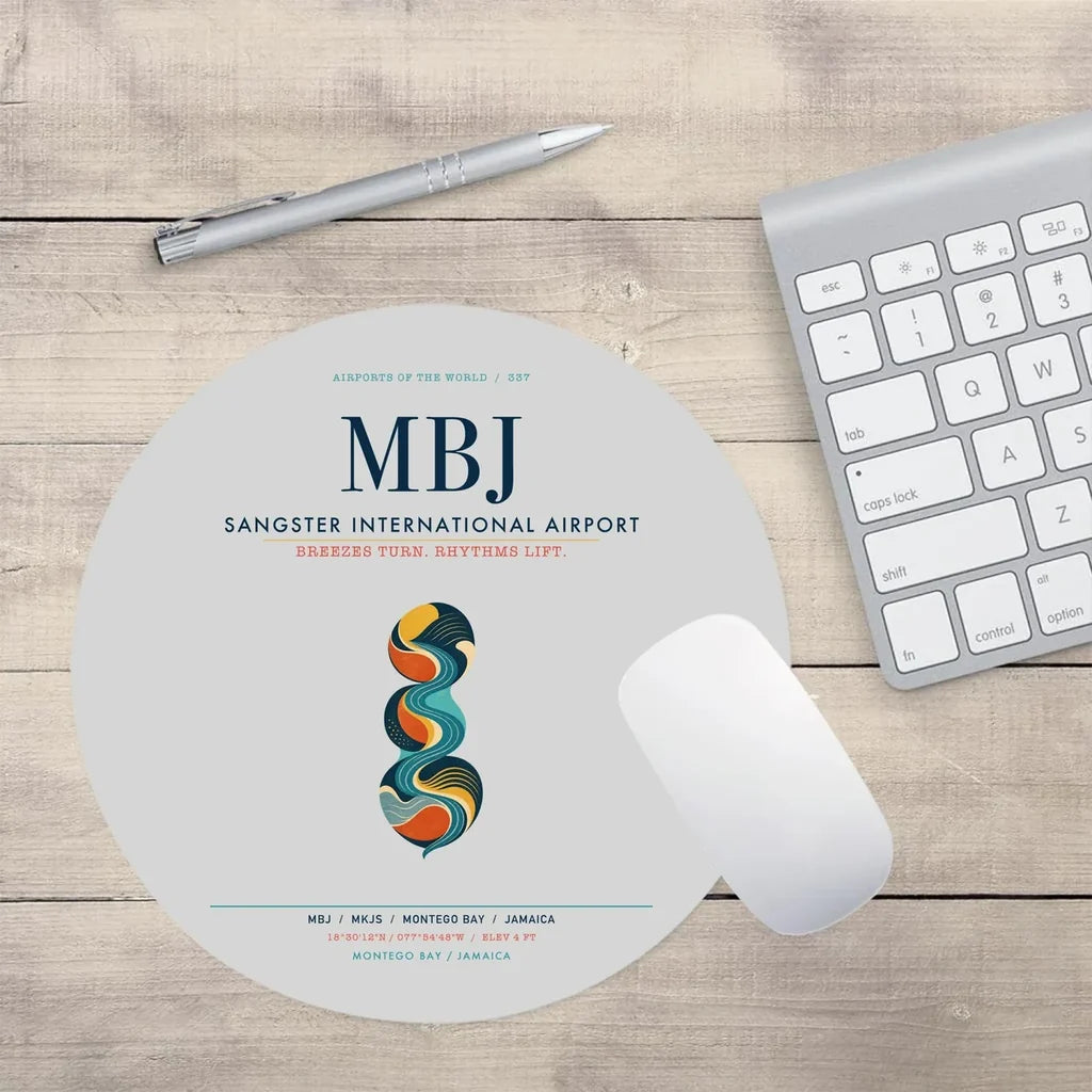 Sangster International Airport (MBJ) design on light gray round mouse pad
