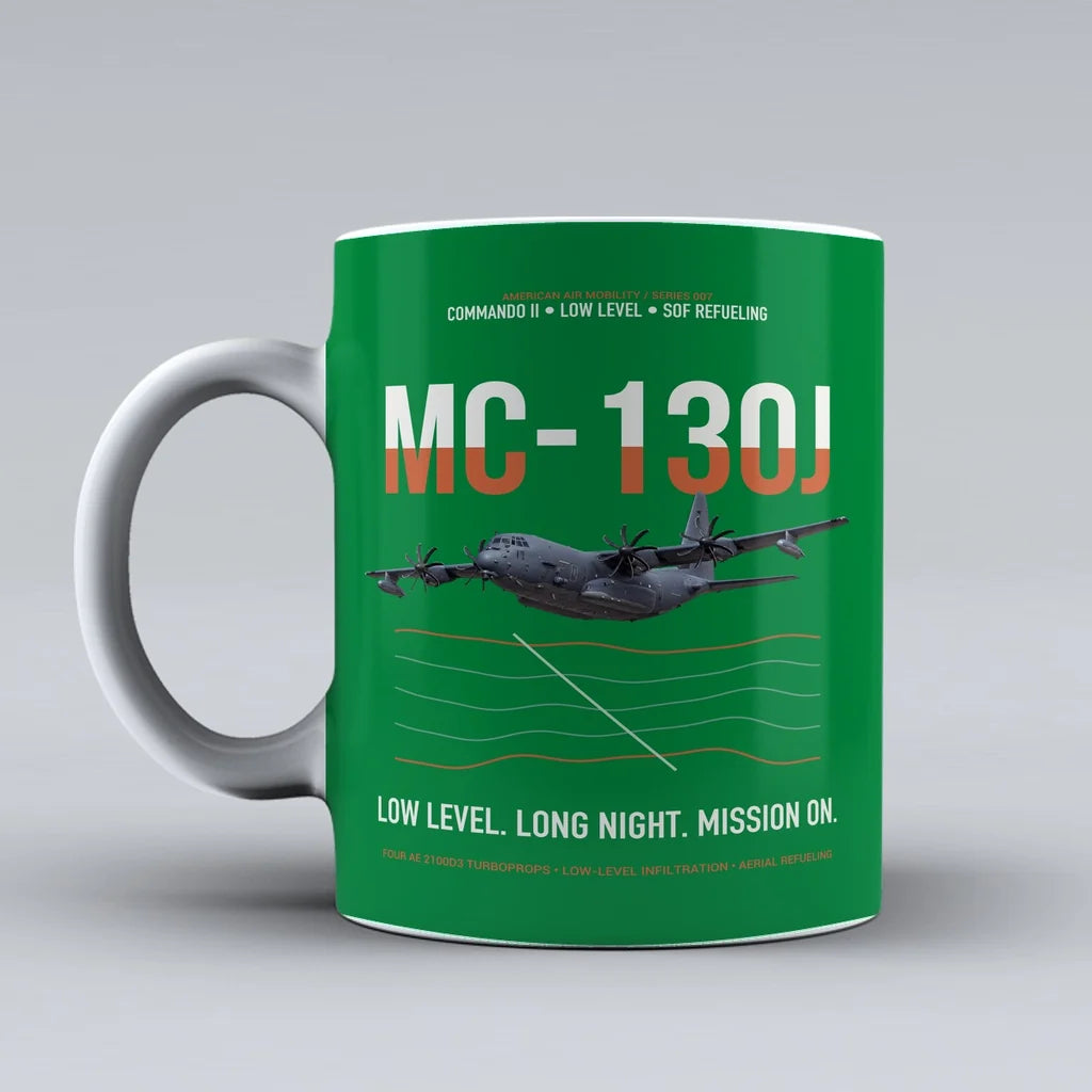 MC-130J COMMANDO II design on green ceramic mug, double-side print