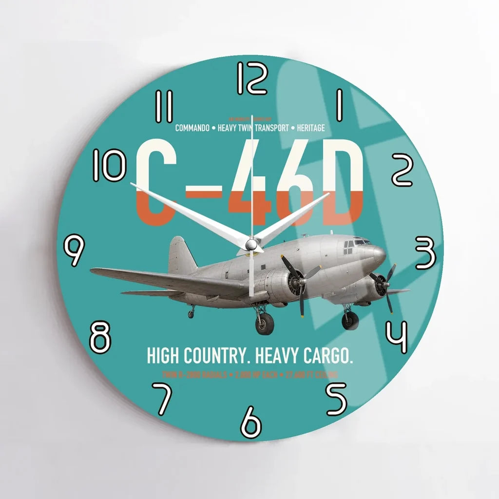 C-46D Commando design on turquoise no frame wall clock