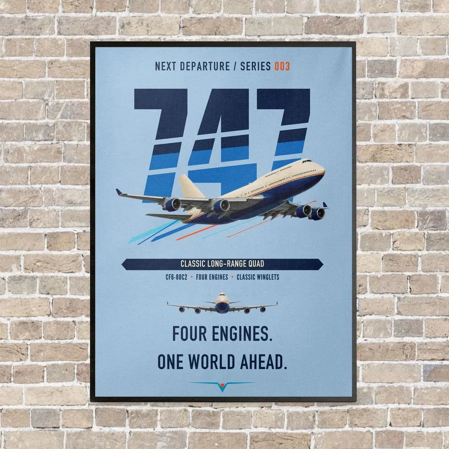 Boeing 747-400 vertical canvas print - framed - light blue background