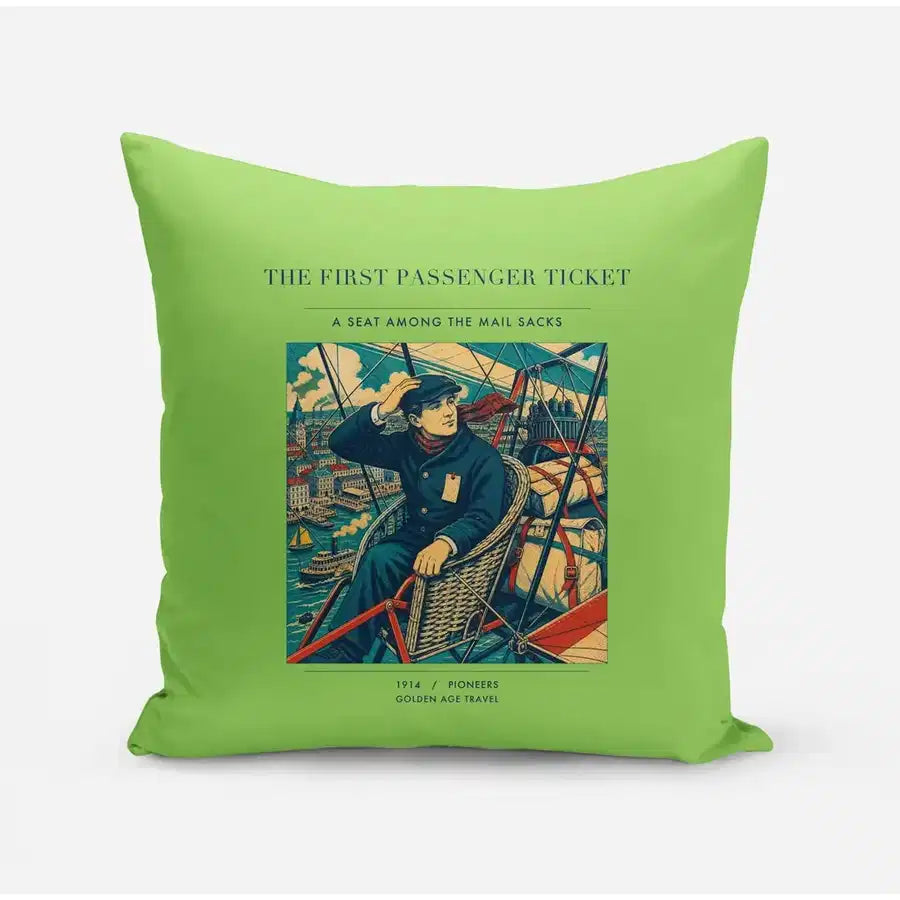 VINTAGE G4321 - The First Passenger Ticket - Designed Pillows design on lightgreen