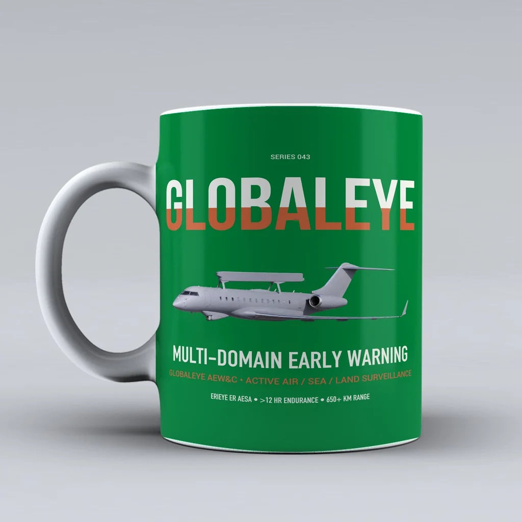 Saab GlobalEye design on green ceramic mug, double-side print