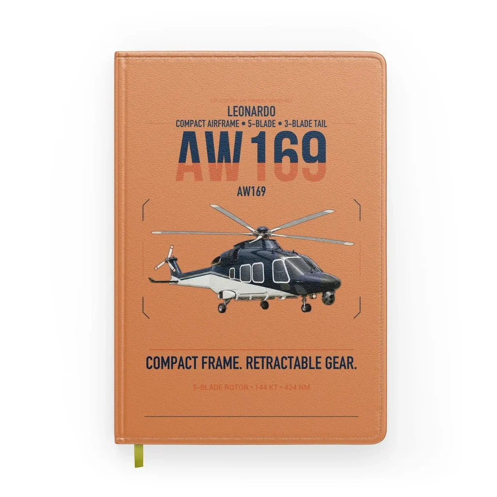 Leonardo AW169 design on orange notebook