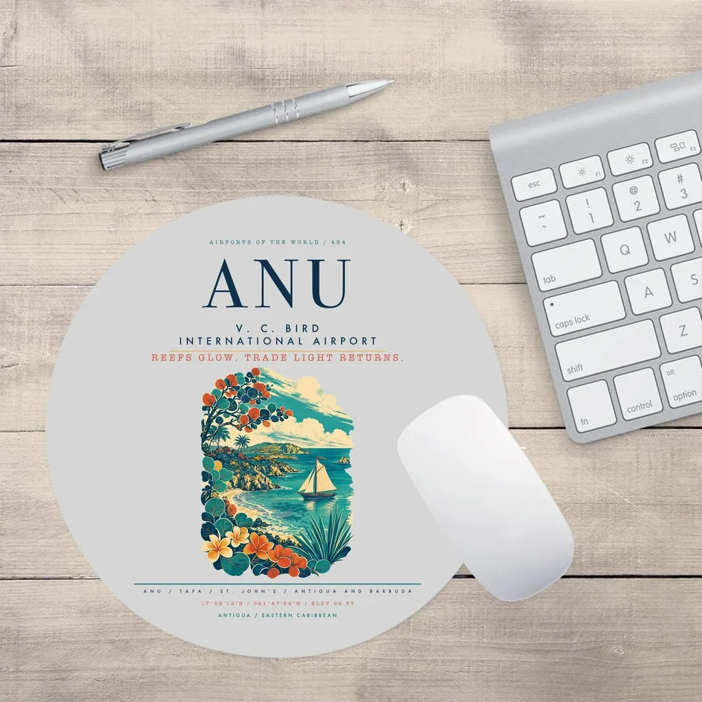 V. C. Bird International Airport (ANU) design on light gray round mouse pad