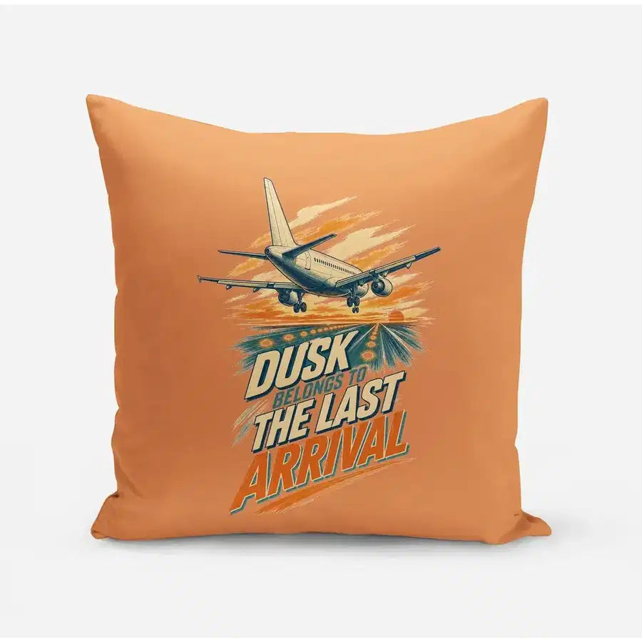 Dusk Belongs To The Last Arrival design on orange pillow