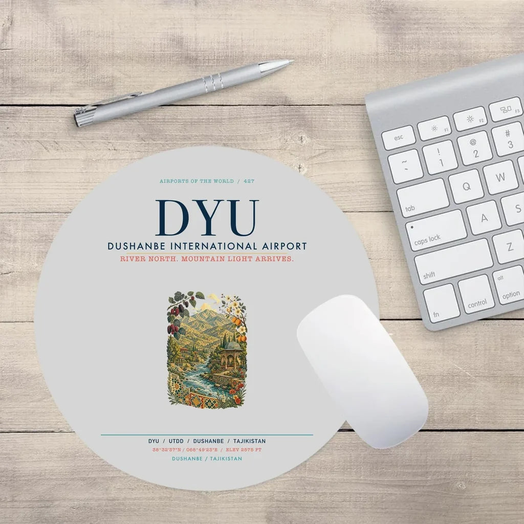 Dushanbe International Airport (DYU) design on light gray round mouse pad